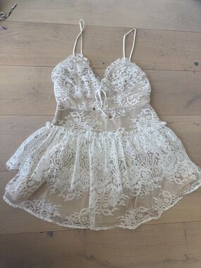 Lace Overlay Spaghetti Strap Dress in Ivory